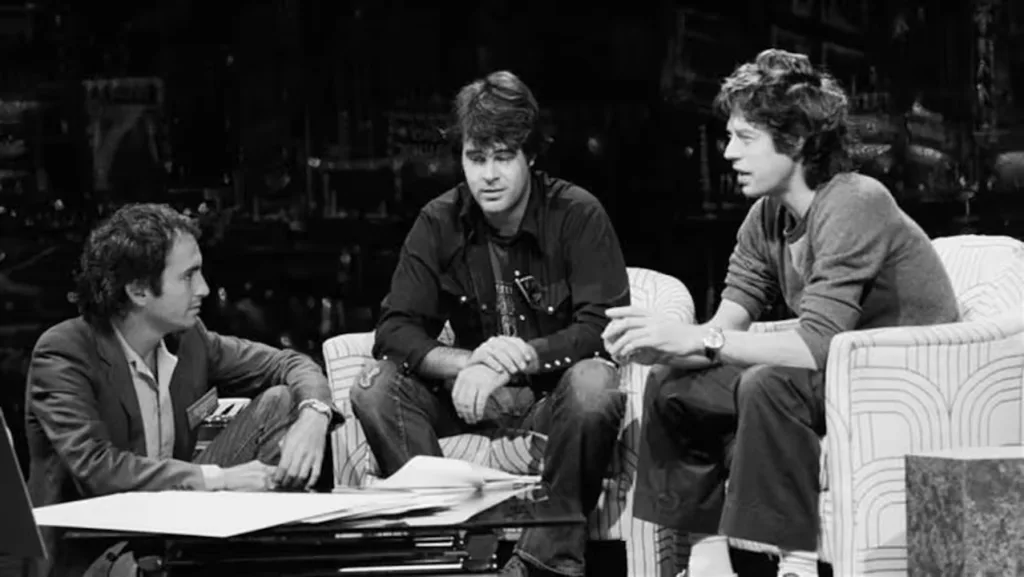 Lorne Michaels in 1978 with cast member Dan Aykroyd and guest Mick Jagger (photo: NBC)