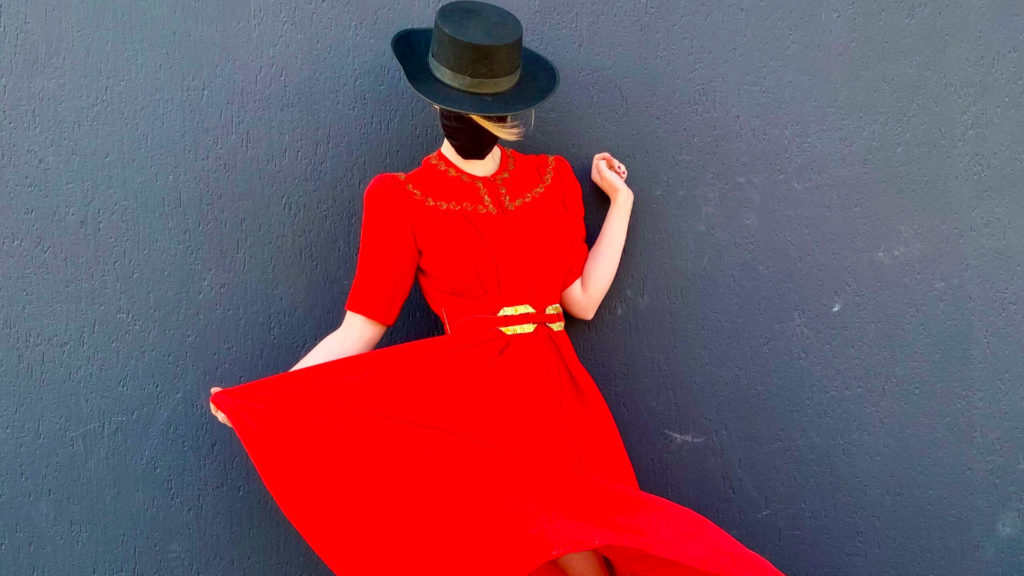 A photo of a red 1940s evening gown.