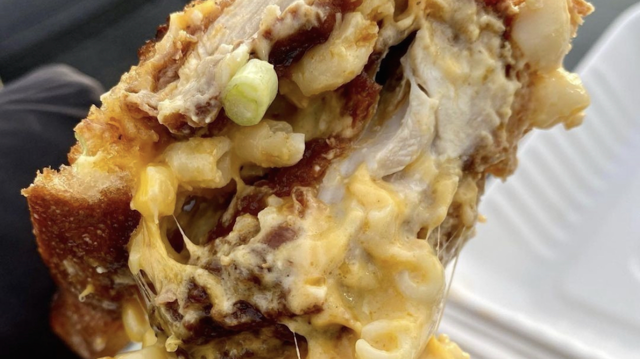 Grilled cheese stuffed with mac and cheese and fried chicken at Heartbreak Chef