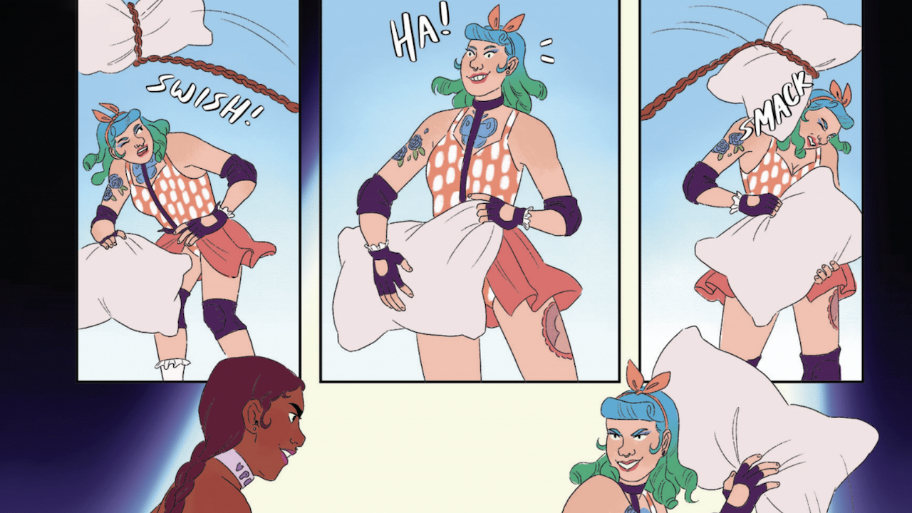A comic strip featuring a blue and green-haired woman in the middle of a pillow fight against another woman with a long braid.