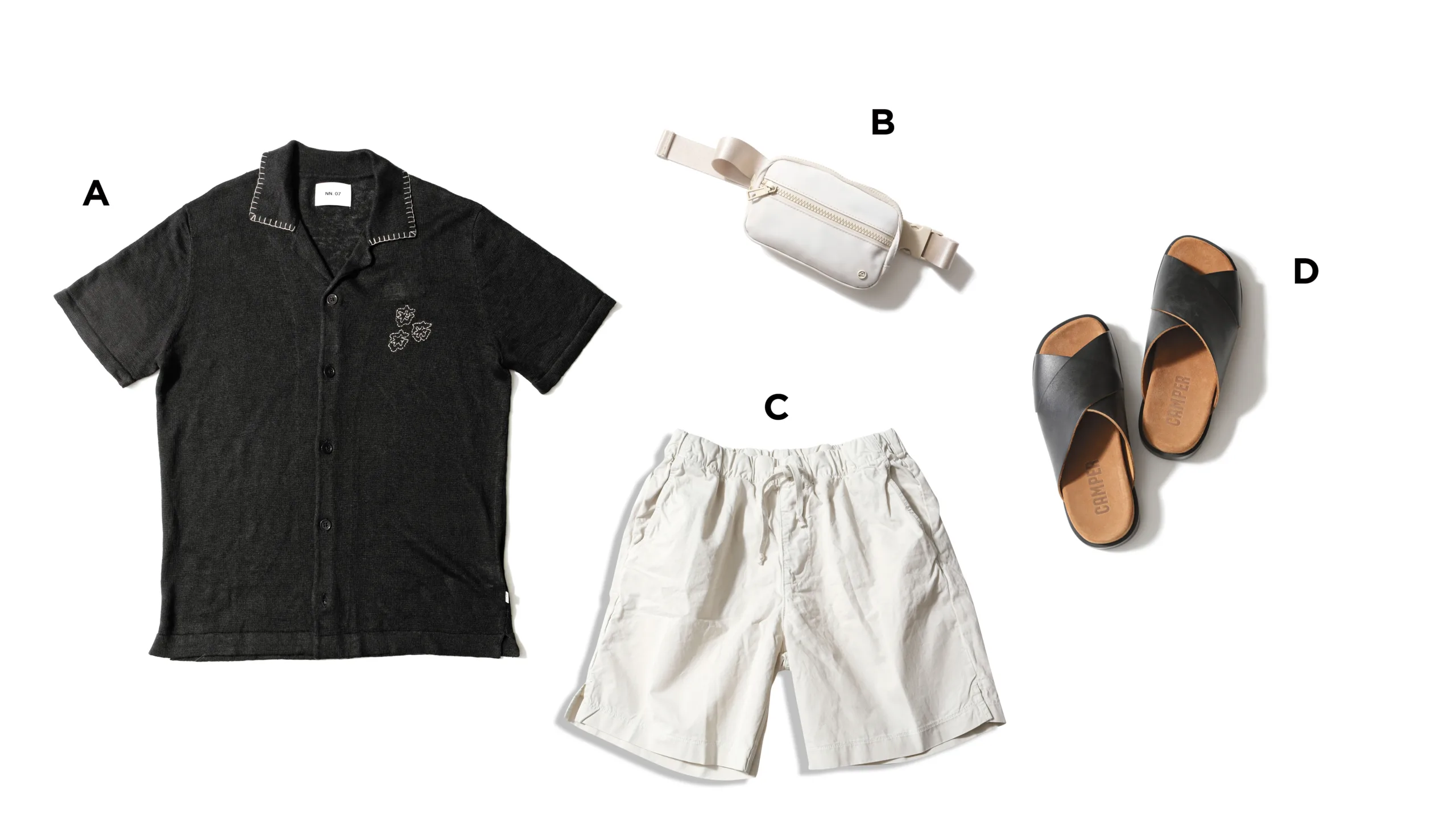 Dad on vacation style includes a black polo, white shorts, white crossbody bag and black slip-on sandals