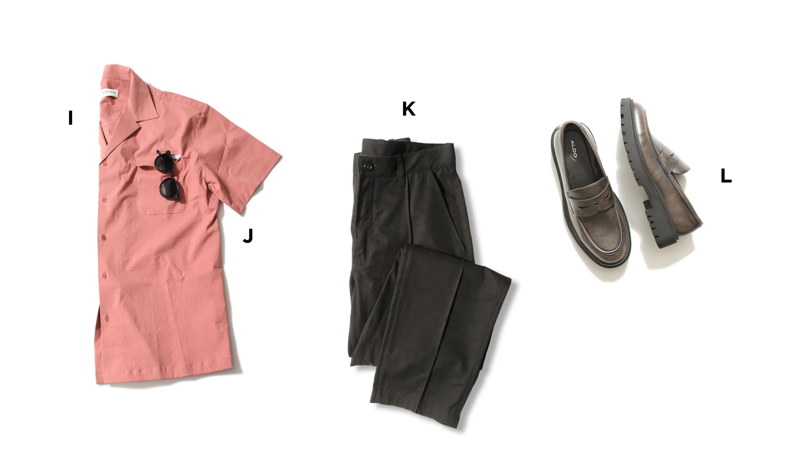 Dad at the barbecue style includes a pink button down with black sunglasses in the front pocket, black twill pants and a brown loafers