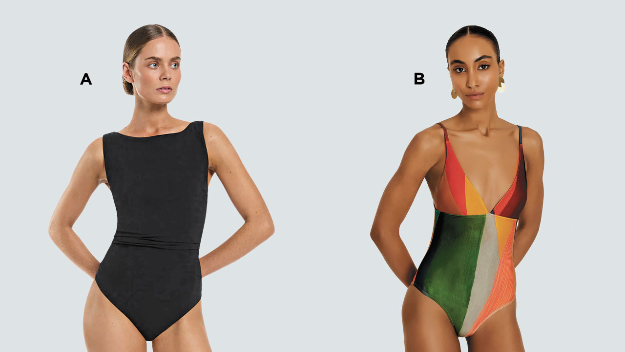 Black high neck swimsuit from Sandpipers, colour-blocked v-neck swimsuit from Melmira