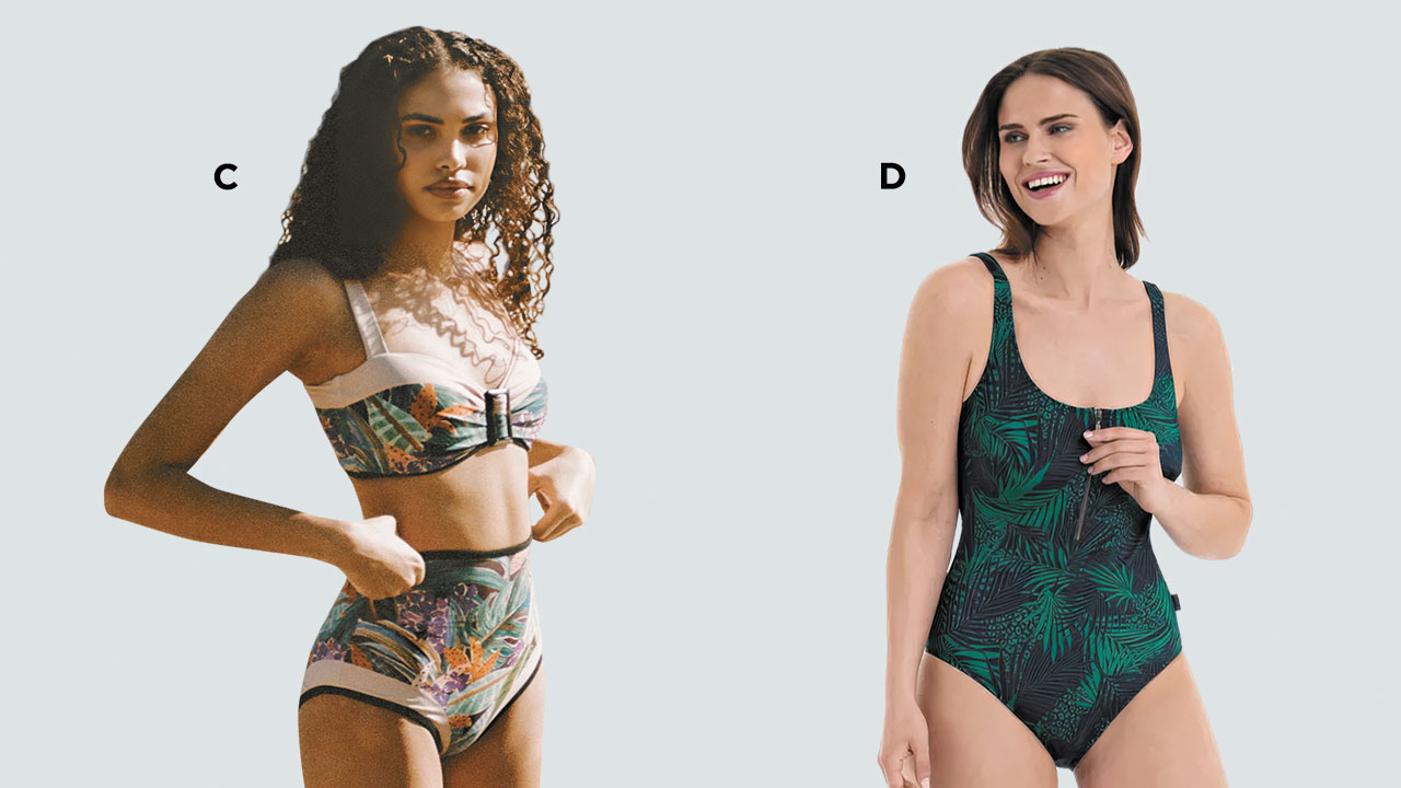 High-waisted bikini from Visual Mood, plant print swimsuit from Muskoka Bay Clothing
