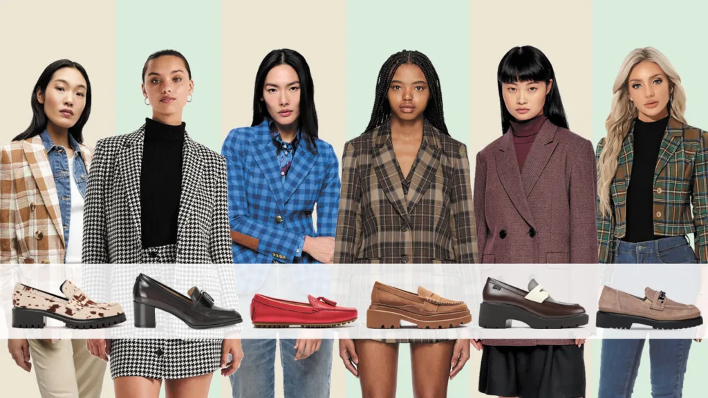 Fall fashion trend of plaid blazers and loafers