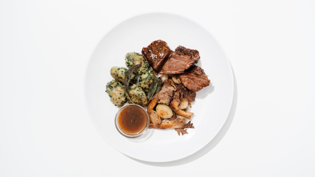 Patrick Kriss's Braised Short Rib & Spinach-Ricotta Gnudi with Caramelised Onions and Mushrooms