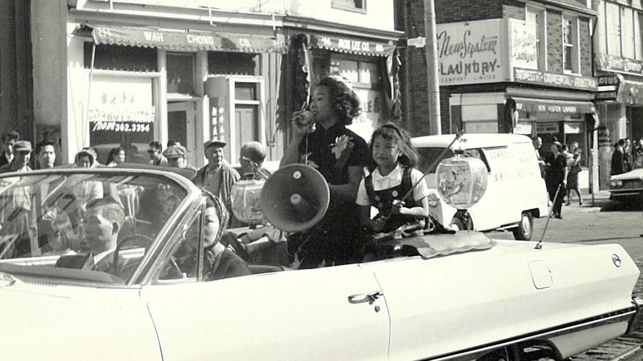 Jean Lumb promoting Save Chinatown, circa 1960, source image for “the sound of lions in Chinatown,” by Annie Wong and Hannia Cheng. Image courtesy of Arelen Chan.